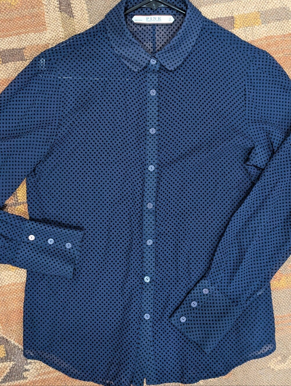 Thomas Pink Silk Sheer Blue Button Shirt with Velvet Flocked Black Polka Dots